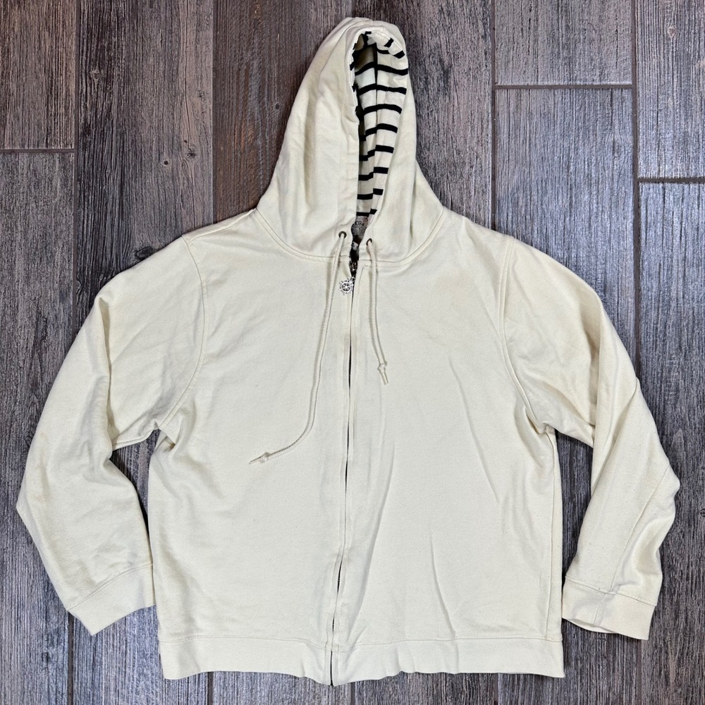 Sag Harbor Sport Zip Up Hoodie Nautical Wheel Charm Striped‎ Lined Cream Large